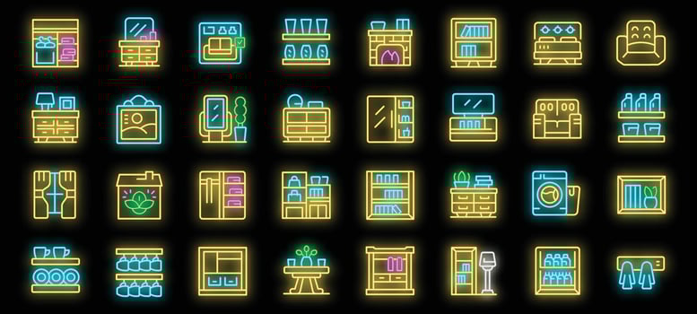 Home furniture neon light icons set vector