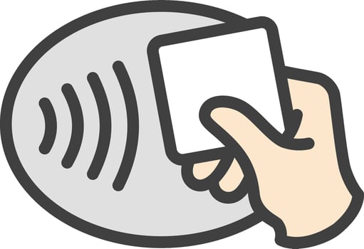A hand holding a credit card and a sound wave vector