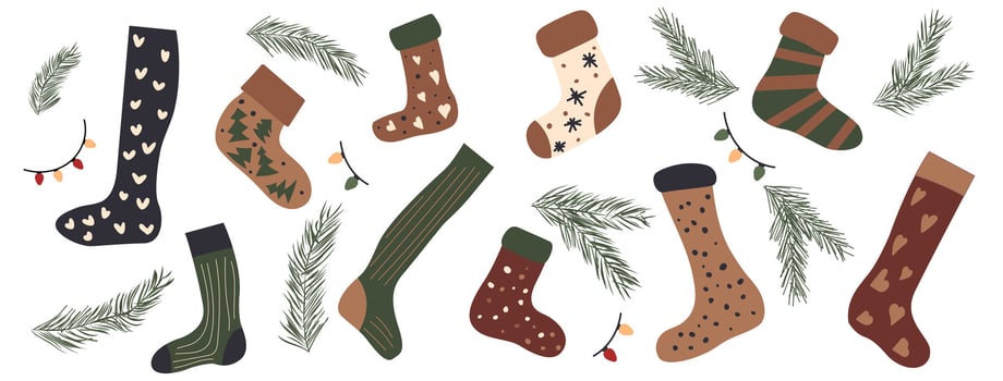 Christmas sock for gift stocking in winter. Xmas tree branch and tradition stripe apparel isolated illustration. Festive elements for advent drawing or fireplace party decoration with kid socks. vector