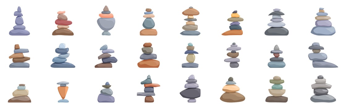 Balancing stone icons set. Set of various stones balancing on top of each other creating zen atmosphere vector