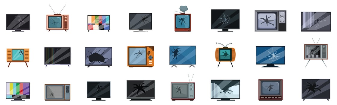 Broken tv icons set. Collection of broken tv showing different type of damage and failure vector