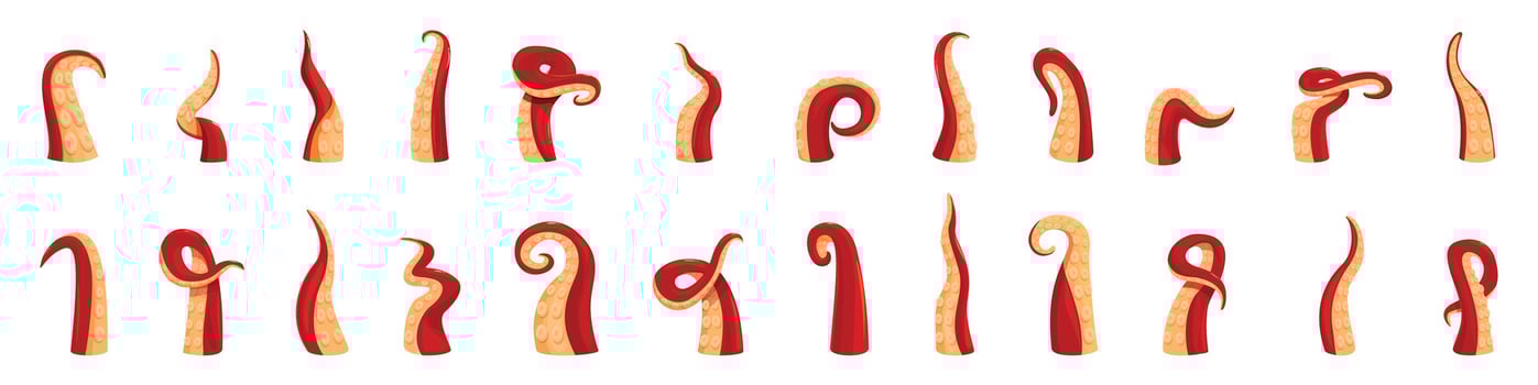 Octopus tentacle icons set. Red octopus tentacles showing different poses vector