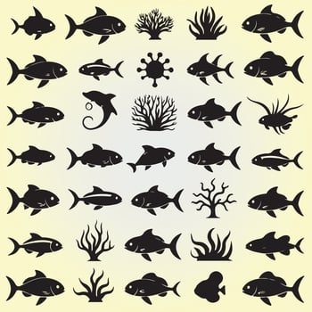 Marine Life and Coral Reef Icons. vector