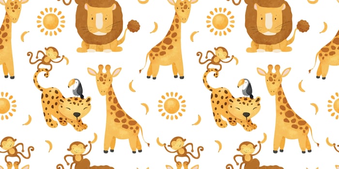 African jungle animals Lion, leopard, cheetah, monkey, giraffe and banana, sun. Cute baby Watercolor seamless pattern. Childish background. Safari Print for design kid's goods, cards, fabric, vector
