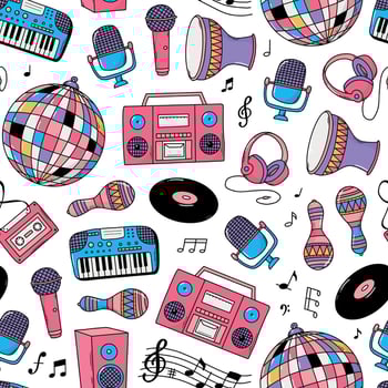 pop music doodles, 90s seamless pattern for textile prints, digital paper, scrapbooking, wallpaper, wrapping paper, stationery, backgrounds, etc. EPS 10 vector