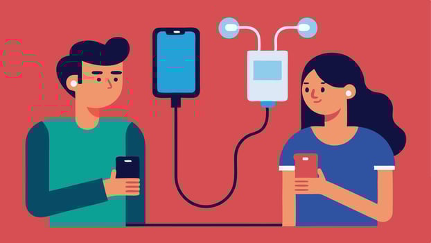 Charging Accessories The couple is checking out a variety of phone charging accessories with one showing the other a fancy charging cable they found.. vector
