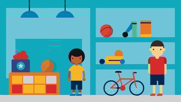Childrens Area A section of the store dedicated to youth sports equipment with kids examining small bikes and basketballs.. vector