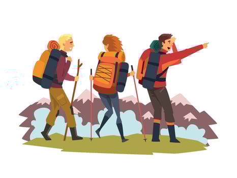 Men and woman travelling together, tourists hiking in mountains, summer adventure and exploration Illustration vector