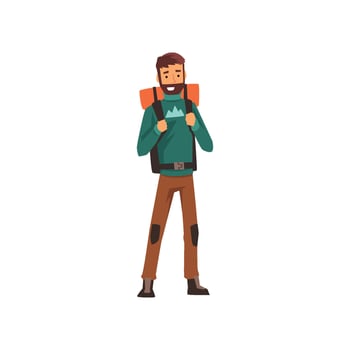 Smiling bearded man with backpack, outdoor adventures, travel, camping, backpacking trip or expedition Illustration vector