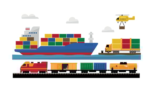 Freight transportation by train ship, helicopter, delivery service Illustration vector