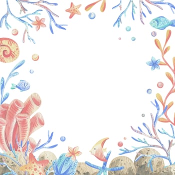 Sea corals, algae, shells, starfish, fish, bubbles. Watercolor illustration hand drawn in coral, turquoise and blue colors. Square frame template isolated from the background vector