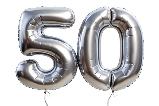 50 Number Silver balloon Anniversary Birthday Decoraton Jubilee Celebration isolated on transparent background. png