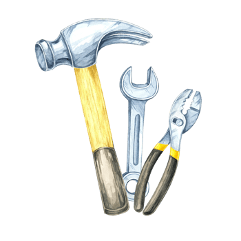 A hammer, pliers, and a wrench clipart. Hand-painted instruments watercolor illustration. Ideal for construction-related designs, tool merchandise branding, or professional hardware catalogs png