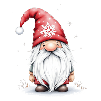 A redgnome stands in the snow, wearing a red hat adorned with a large white snowflake. cutouts png