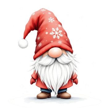 A charming gnome stands in the snow, wearing a red hat adorned with a large white snowflake. cutouts png