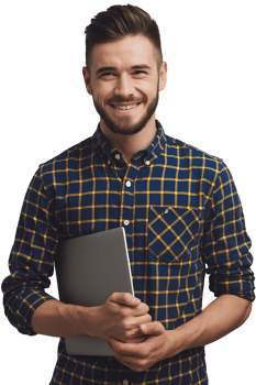 smiling man in a plaid shirt holds a laptop in his hands isolated on transparent background png