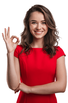 woman in a red dress gives a ok gesture with a cheerful expression isolated on transparent background png