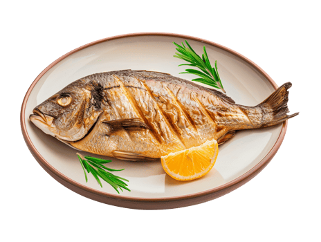 Grilled fish on a plate with lemon and rosemary png
