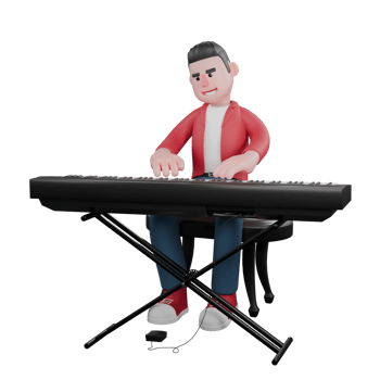 3D Music Character. A male singer sits while playing the organ with both hands with a happy expression. Male Singer Illustrated png