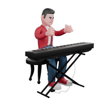 3D Model of Cartoon Singer. A male singer sits behind an organ with both hands clenched on top of the organ. Musical Performer Character png