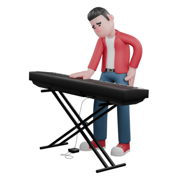 3D Vocal Performer. A male singer stands behind an organ with his right hand on the organ and his left hand on his waist. Cartoon Male Singer png