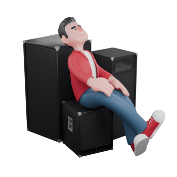Illustrated Male Musician. A male singer sits on a small speaker and leans his head on a large speaker behind his body. 3D Singer Character png