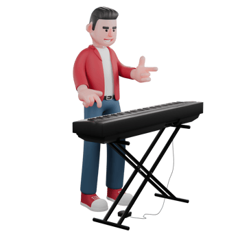 Cartoon 3D Singing Character. A male singer stands behind an organ with his left hand pointing forward and his right hand pointing at the organ. Music Star png