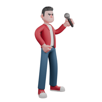 Cartoon Singer Illustrated in 3D. A male singer stands holding a mic in his left hand with an angry expression. Musical Performer png