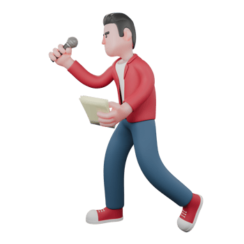 Male Vocalist Cartoon Model. A male singer is walking while holding a mic and a lyric book. Animated Performer png