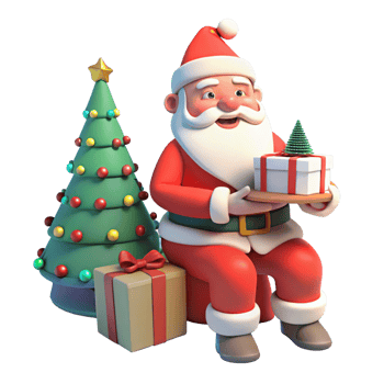 Santa claus holding a gift box and a christmas tree png