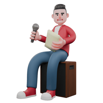 Animated 3D Vocalist Character. A male singer is sitting on a speaker while holding a mic and a lyric book. Music Personality png