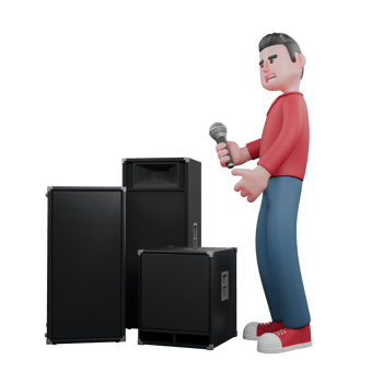 3D Character Model of Male Singer. A male singer is standing to the left of the stacked speakers while holding a mic. Cartoon Artist png