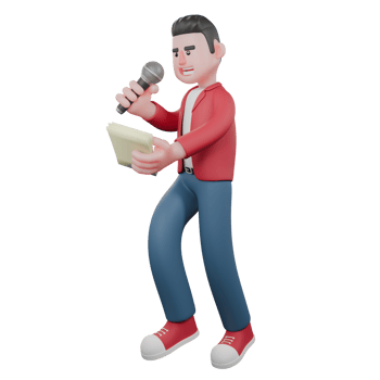 3D Animated Music Character. A male singer is standing while singing holding a mic and reading a lyric book that he is holding. Singing Performer png