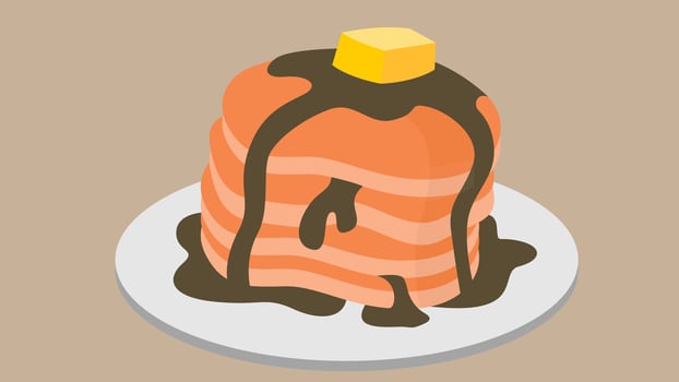 An illustration of a plate of pancakes topped with butter and syrup. The pancakes are stacked neatly on the plate vector