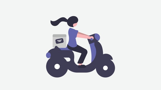 a girl riding a motorbike, with a delivery box securely fastened to the back vector