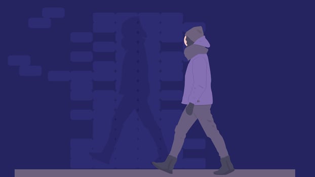 Person walking at night in cold street with shadow flat illustration vector