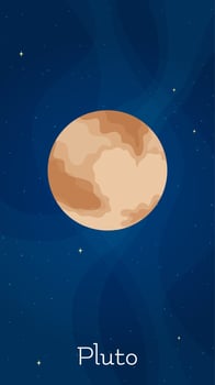 Star system planet Pluto illustration. Astronomical object art concept on night sky vertical space background with cartoon style minor planet Pluto for children fantasy graphic design vector
