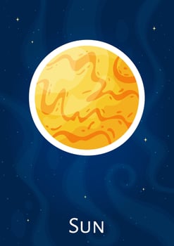 Cartoon celestial object Sun sticker, comic round solar system star graphic concept label, flat astronomical object art patch on blue cosmic background for astronomy science graphic concept vector
