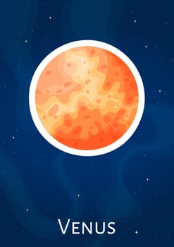 Flat round solar system planet Venus graphic design patch, cartoon astronomical sphere illustration sticker, comic space planet art label on blue cosmic background for astronomy science graphic vector