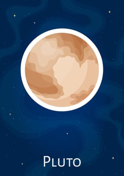 Comic dwarf planet Pluto graphic sticker, flat round celestial object art patch, cartoon space sphere illustration label on blue cosmic background for children astronomy science concept vector