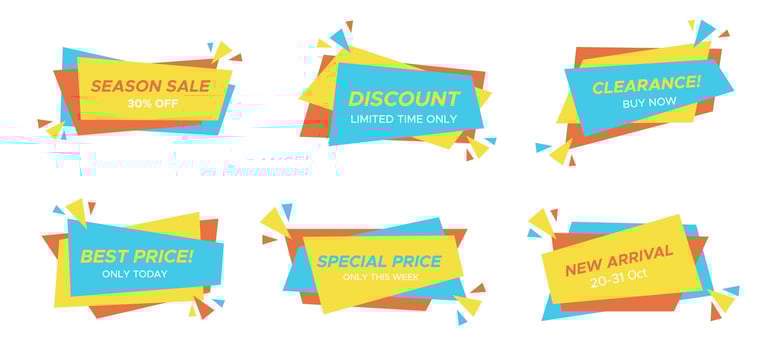 Color isolated sale label set, horizontal trendy price tag, abstract geometric promo ribbon collection, flat festive promotion banner with confetti, rectangle web discount coupon, illustration vector