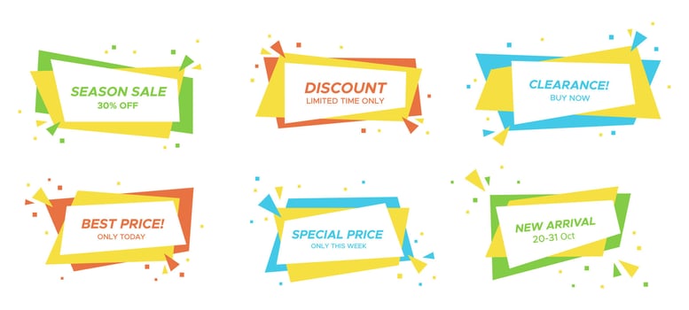 Flat geometric sale banner in trendy concept. Bright colors shop clearance label with confetti blast in pop art ribbon shape. illustration with sale tags for special deal flyer. vector