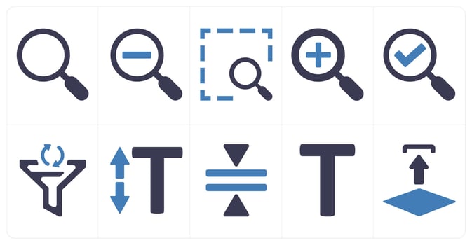 A set of 10 editing tools icons as search, zoom out, finder vector