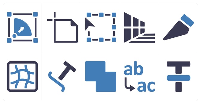 A set of 10 editing tools icons as symmetrical scale, text area, transform vector