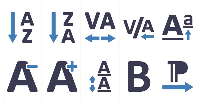 A set of 10 editing tools icons as ascending sorting, descending sorting, letter spacing vector