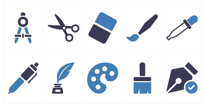 A set of 10 editing tools icons as compass, scissors, eraser vector