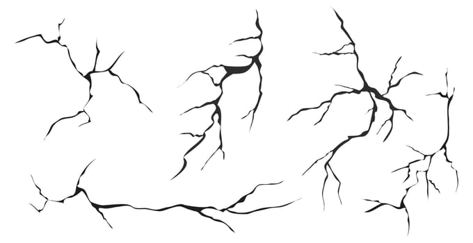 Cracked glass, wall, egg, fissures in ground top view. Set concrete, crevices from disaster, surface from earthquake, Ruined breaked land surface doodle, hand drawn vector