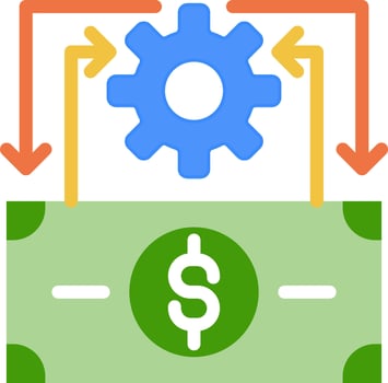 A money and gear icon with arrows pointing to it vector
