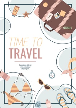 Travel flyer design. Poster with luggage and beachwear. Travel around the world, summer vacation. Banner for a travel agency vector