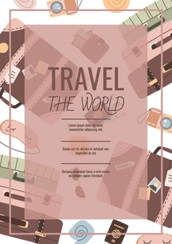 Flyer design travel. Poster with a porthole with a view of the wing of an airplane in the clouds. Travel around the world, summer vacation. Banner for a travel agency. vector